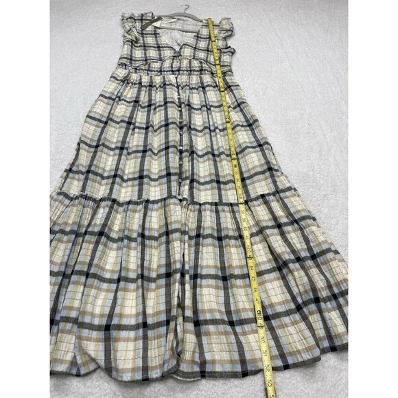 Anthropologie Midi Dress Women Peregrine Blue Plaid Preppy Vacay Boho Size L NWT - Picture 4 of 12